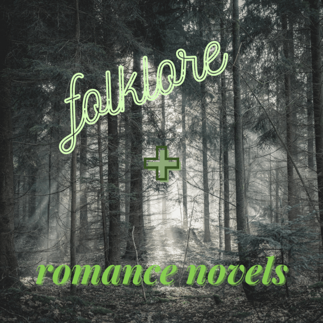 background is a picture of the forest with folklore + romance novels on it